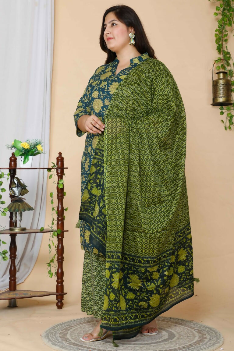 Miravan Women's Plus Size Green Floral Printed Cotton Kurta With Sharara & Dupatta Set