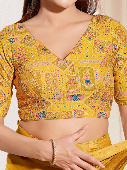 Joban Fashion Yellow Viscose Rayon Padded Blouse With V Neck Elbow Sleeves