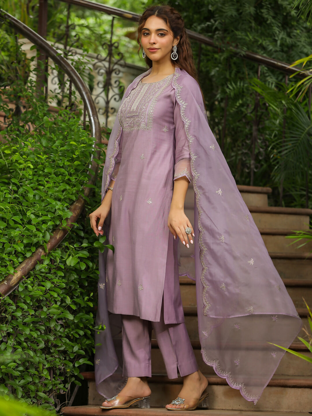 Janasya Lavender Silk Blend Solid Kurta,Bottom & Dupatta