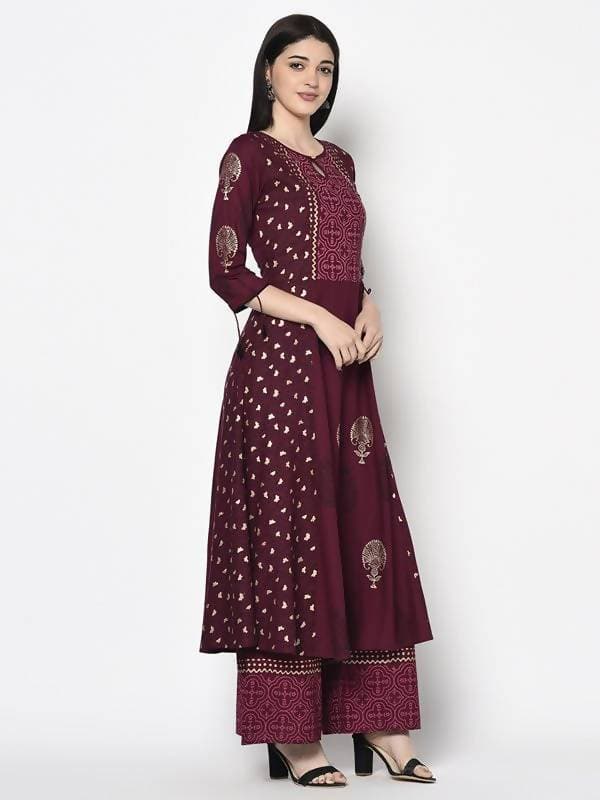 Indian Clothing Aniyah Rayon Wine Color Block Print Anarkali Kurta (AN-172K)