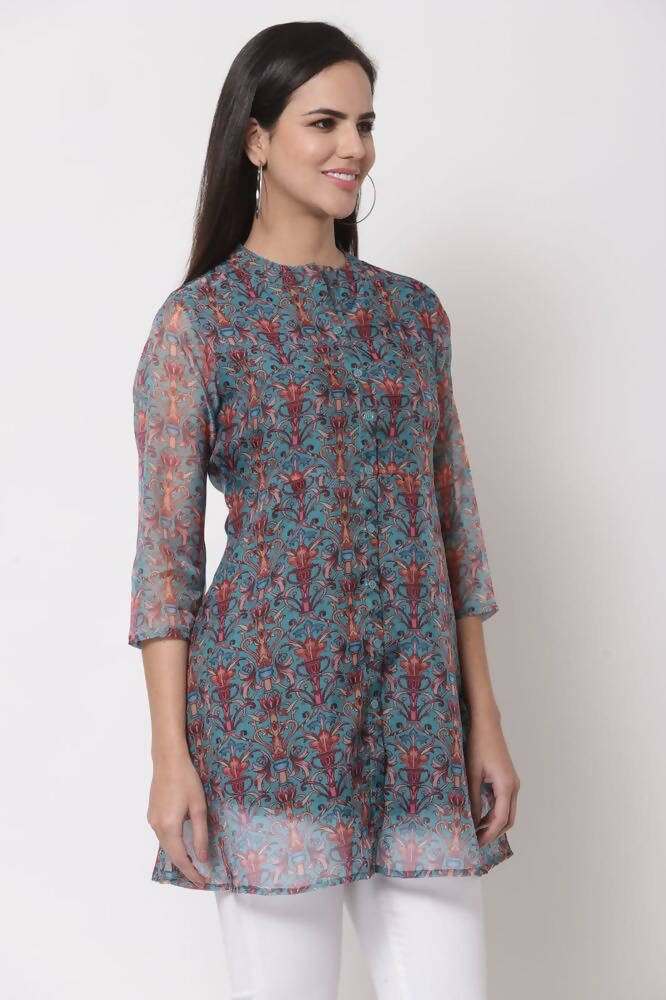 Myshka Women's Beautiful Organza Printed 3/4 Sleeve Round Neck Casual Multicolor Tunic