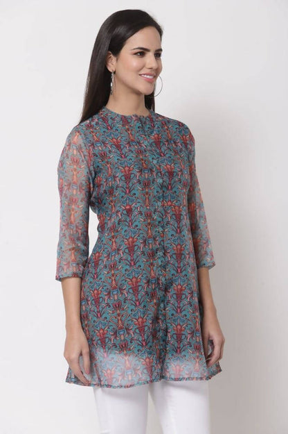 Myshka Women's Beautiful Organza Printed 3/4 Sleeve Round Neck Casual Multicolor Tunic
