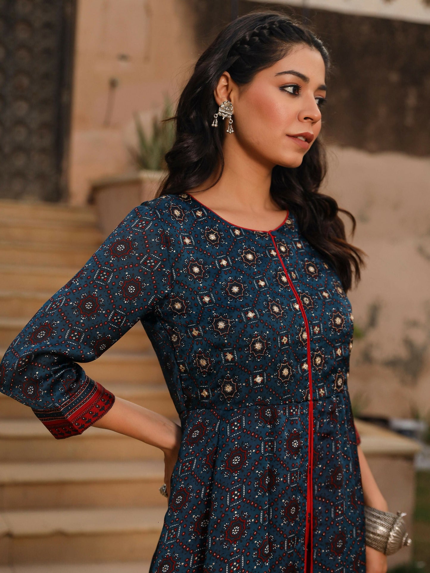 Juniper Women's The Chitrahar Blue Ethnic Motif Printed Cotton Dress With Mirror Work