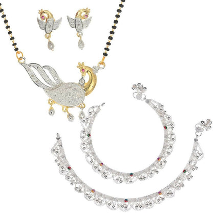 AanyaCentric Gold-Polished Mangalsutra Pendant Earring Set & Silver Plated Anklet