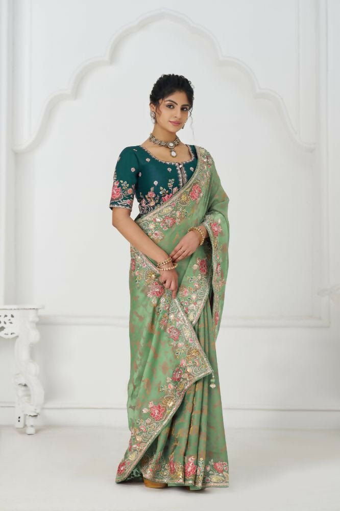 Kesar Fab Grace In Green: Multi-Thread Embroidered With Floral Elegance Saree