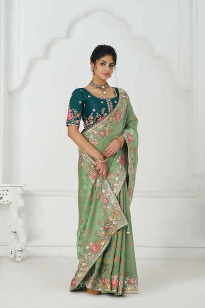 Kesar Fab Grace In Green: Multi-Thread Embroidered With Floral Elegance Saree