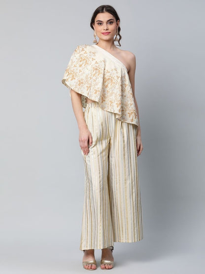 Ahalyaa Women Off White Crepe Floral Printed Top with Palazzos