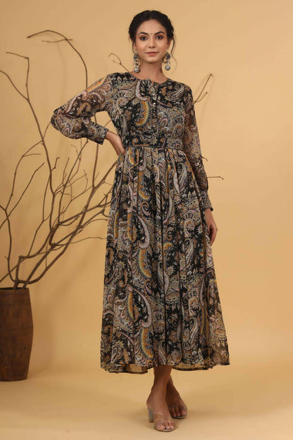 Juniper Women Black Chiffon Printed Flared Dress