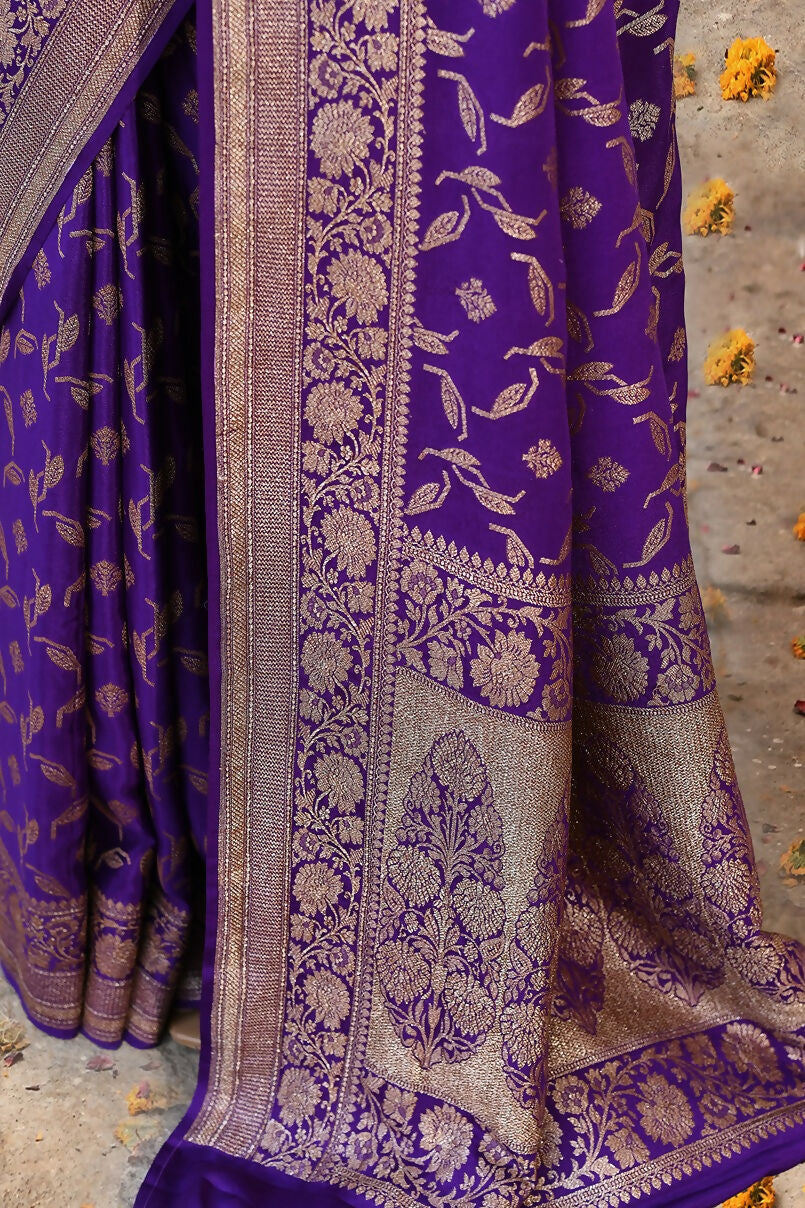 Joban Fashion Purple Crepe Chiffon Pure Handloom Banarasi Silk Saree