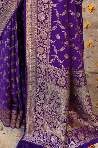 Joban Fashion Purple Crepe Chiffon Pure Handloom Banarasi Silk Saree