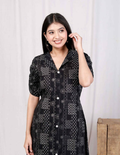 Miravan Women's Pure Cotton Black Floral Printed Front Button A-Line Midi Dress