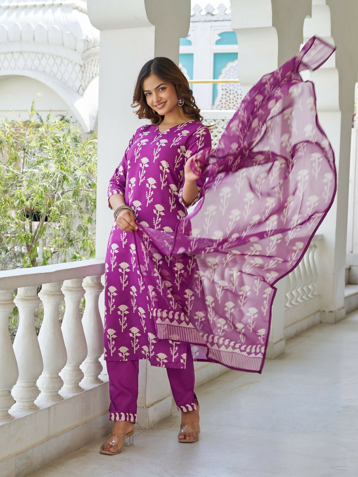 The52 Wine Women's Beautiful Cotton Blend Fabric Printed Work Straight Kurta, Pant and Dupatta Set