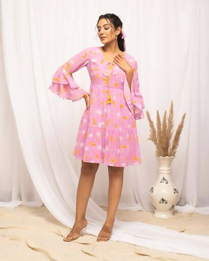 FIORRA Women's Light Pink Georgette Floral Printed Western Dress