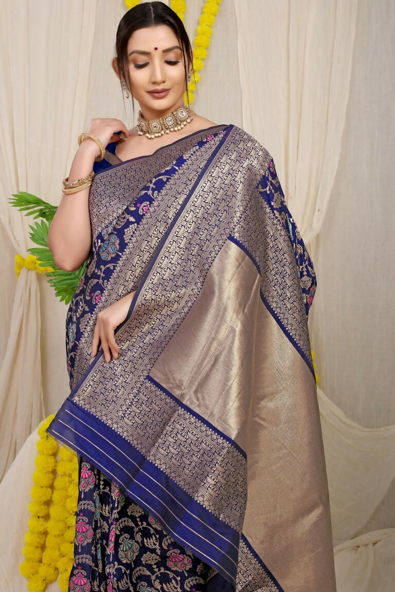 Jyoti Fashion Women's Navy Blue Kanjivaram Silk Zari Woven Saree with Blouse
