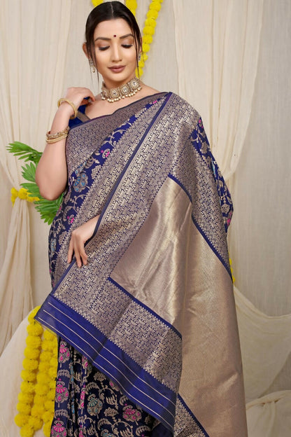 Jyoti Fashion Women's Navy Blue Kanjivaram Silk Zari Woven Saree with Blouse