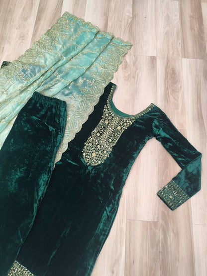 Vastranavya Green Velvet With Rich Sequins & Zari Embroidered Work Top-Bottom With Dupatta