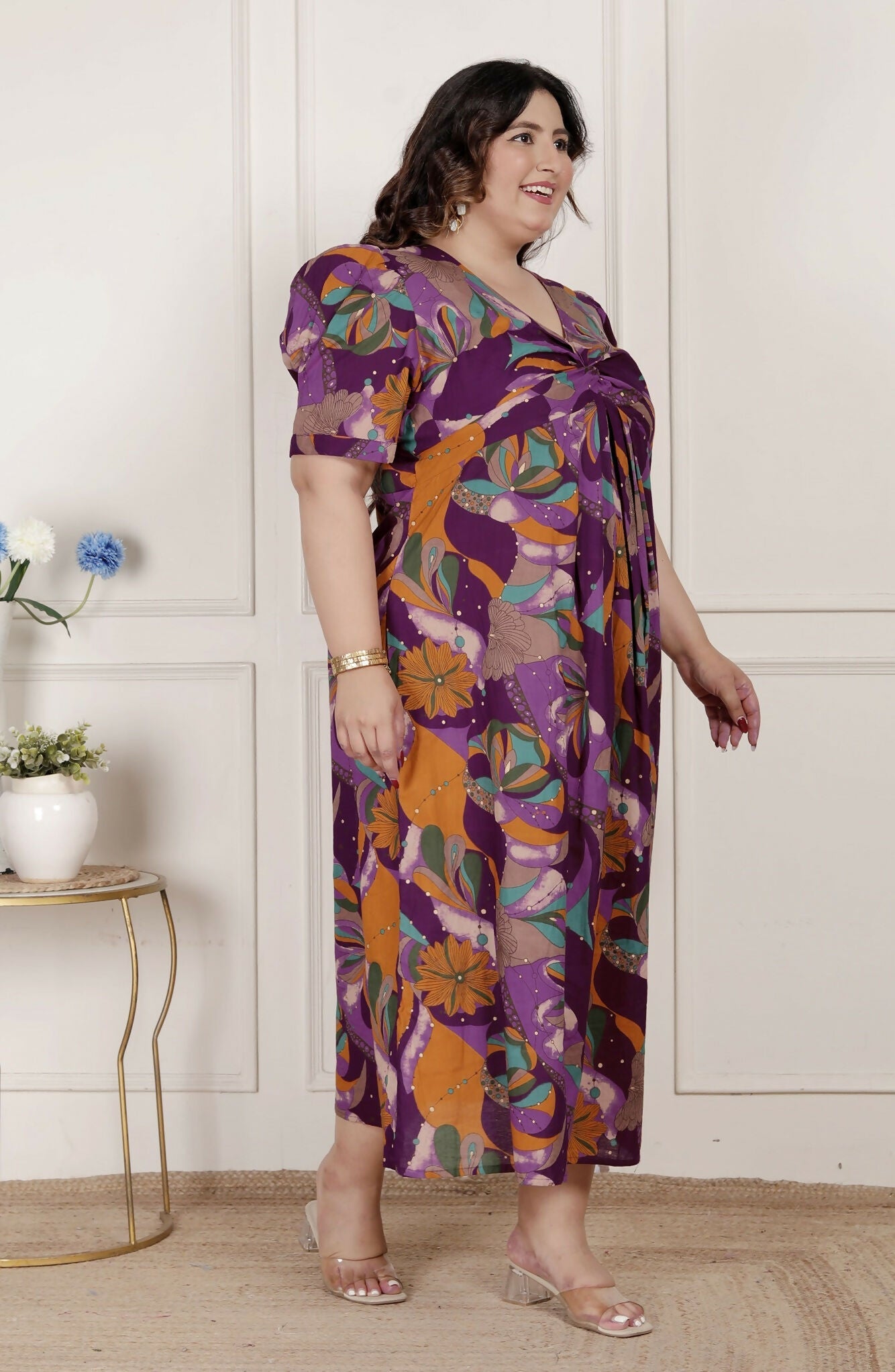 Miravan Womens Plus Size Floral Print Puff Sleeve Pure Cotton Magenta Butterfly Maxi Dress