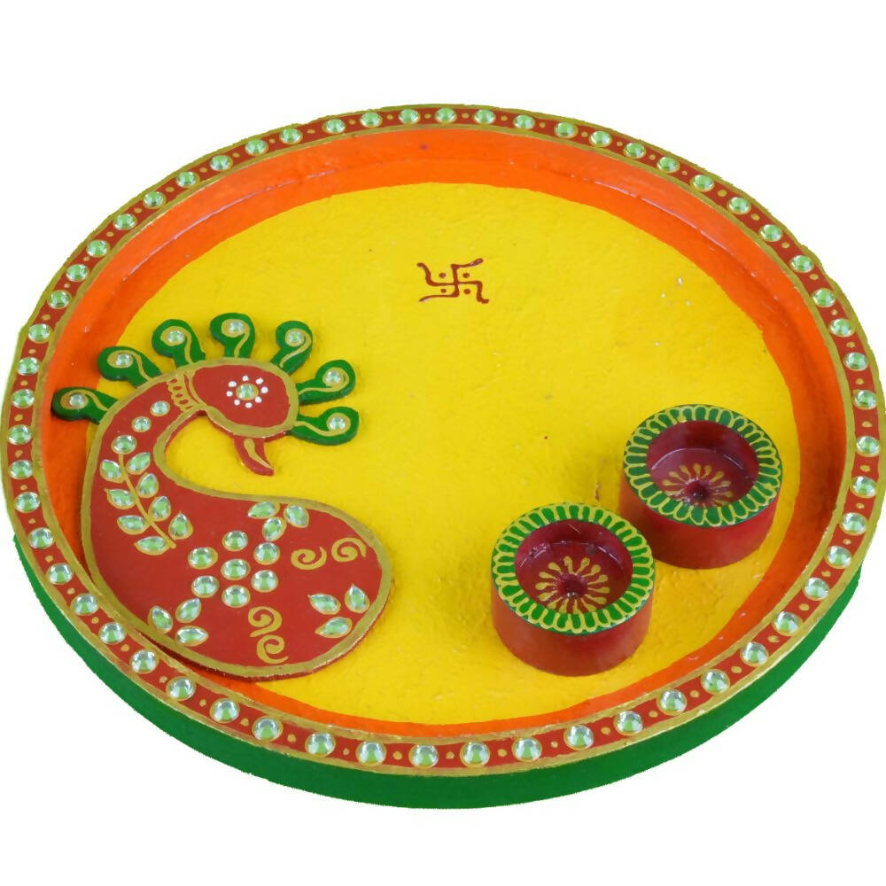 Kundan HandiKrafts Mdf Peacock Pooja Thali (Round)
