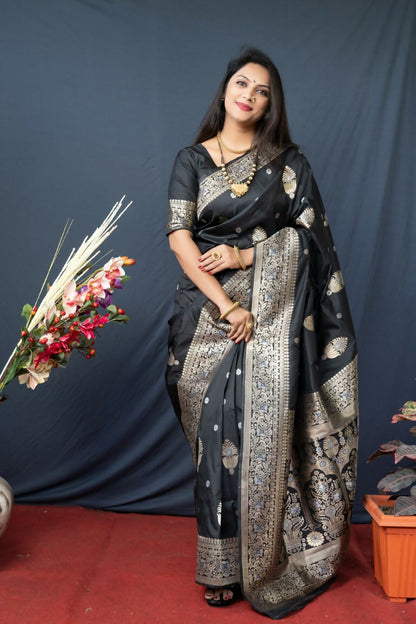 Jyoti Fashion Women's Black Paithani Silk Zari Woven Saree with Blouse