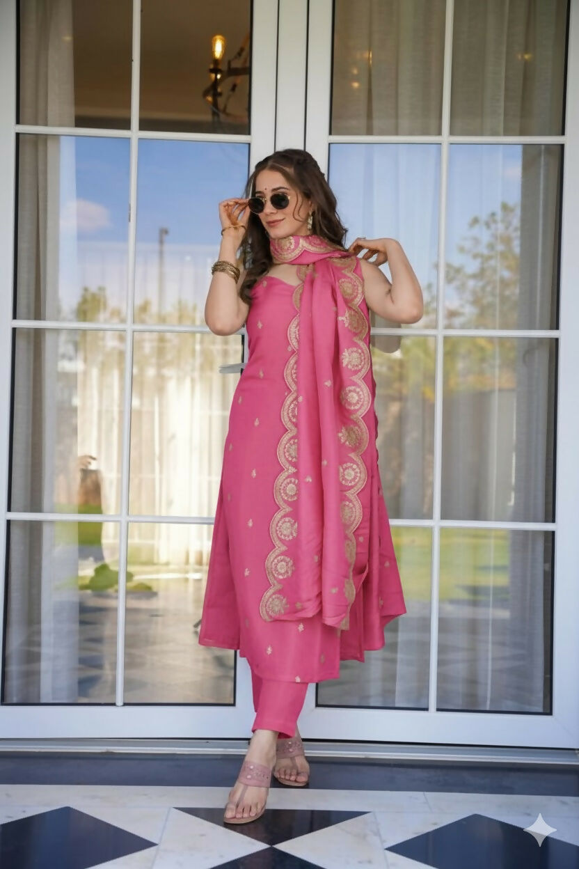 The52 Peach Women's Viscose Zari Chanderi Fabric Embroidered Work Straight Kurta, Pant and Dupatta Set