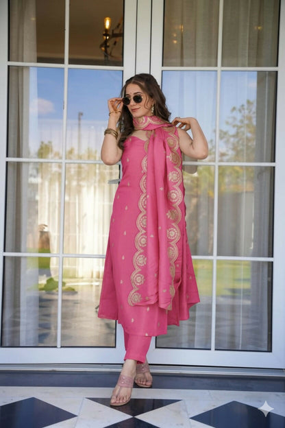 The52 Peach Women's Viscose Zari Chanderi Fabric Embroidered Work Straight Kurta, Pant and Dupatta Set