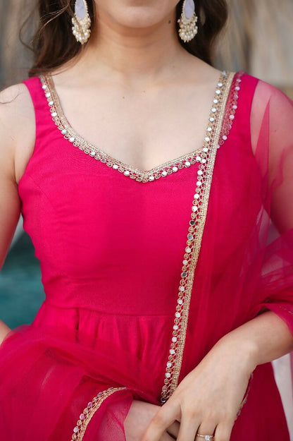 Joban Fashion Rani Pink Kurta Set Chanderi Sequence Embroidery Work