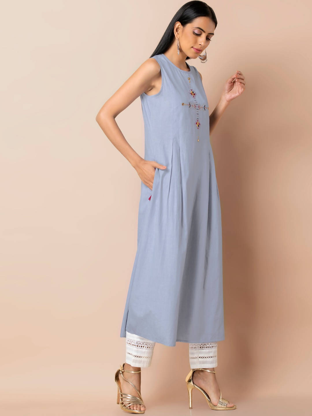 Indya Women Blue Solid A-Line Kurta