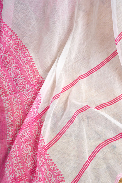 Vastranavya White Digital Printed Linen Ready To Wear Designer Saree with Unstitched Blouse