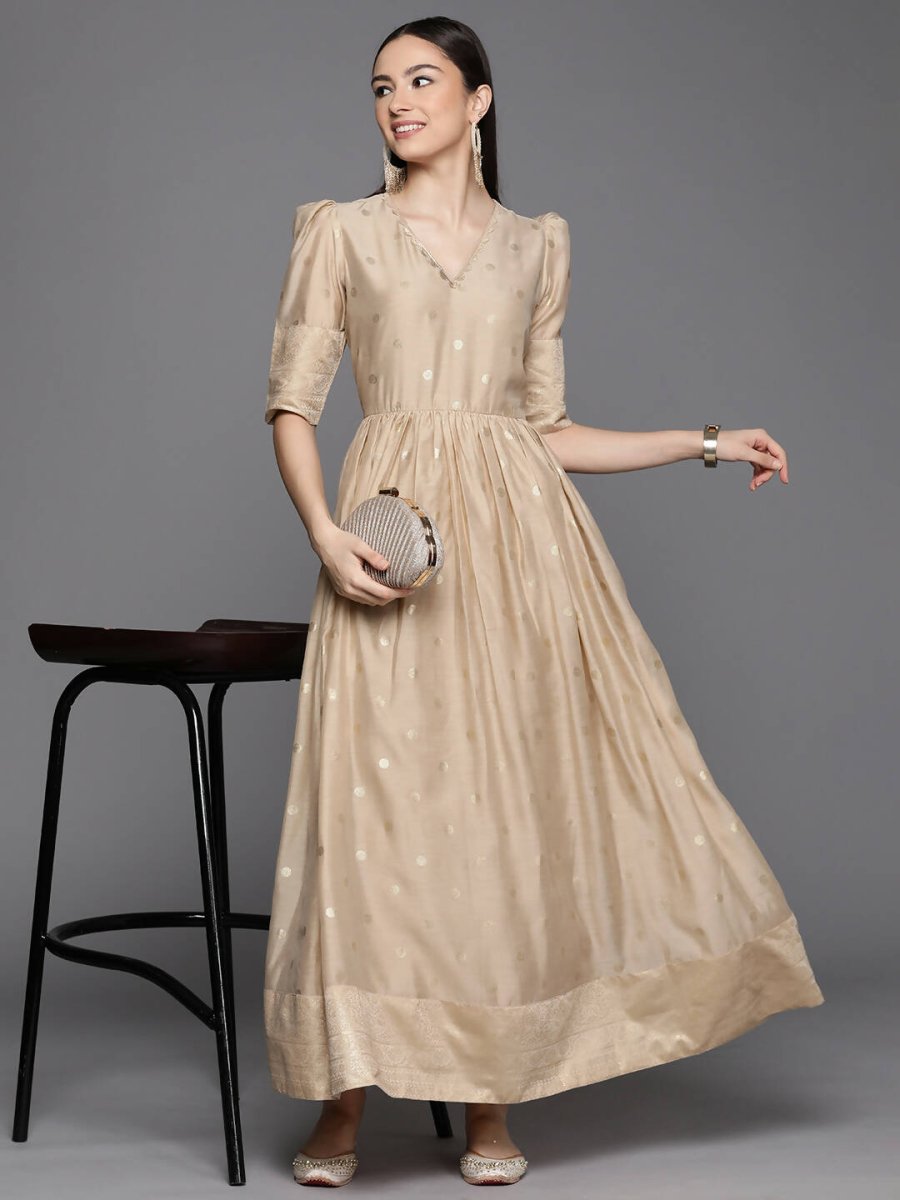 Ahalyaa Women's Beige Chanderi Gold Foil Print Dress