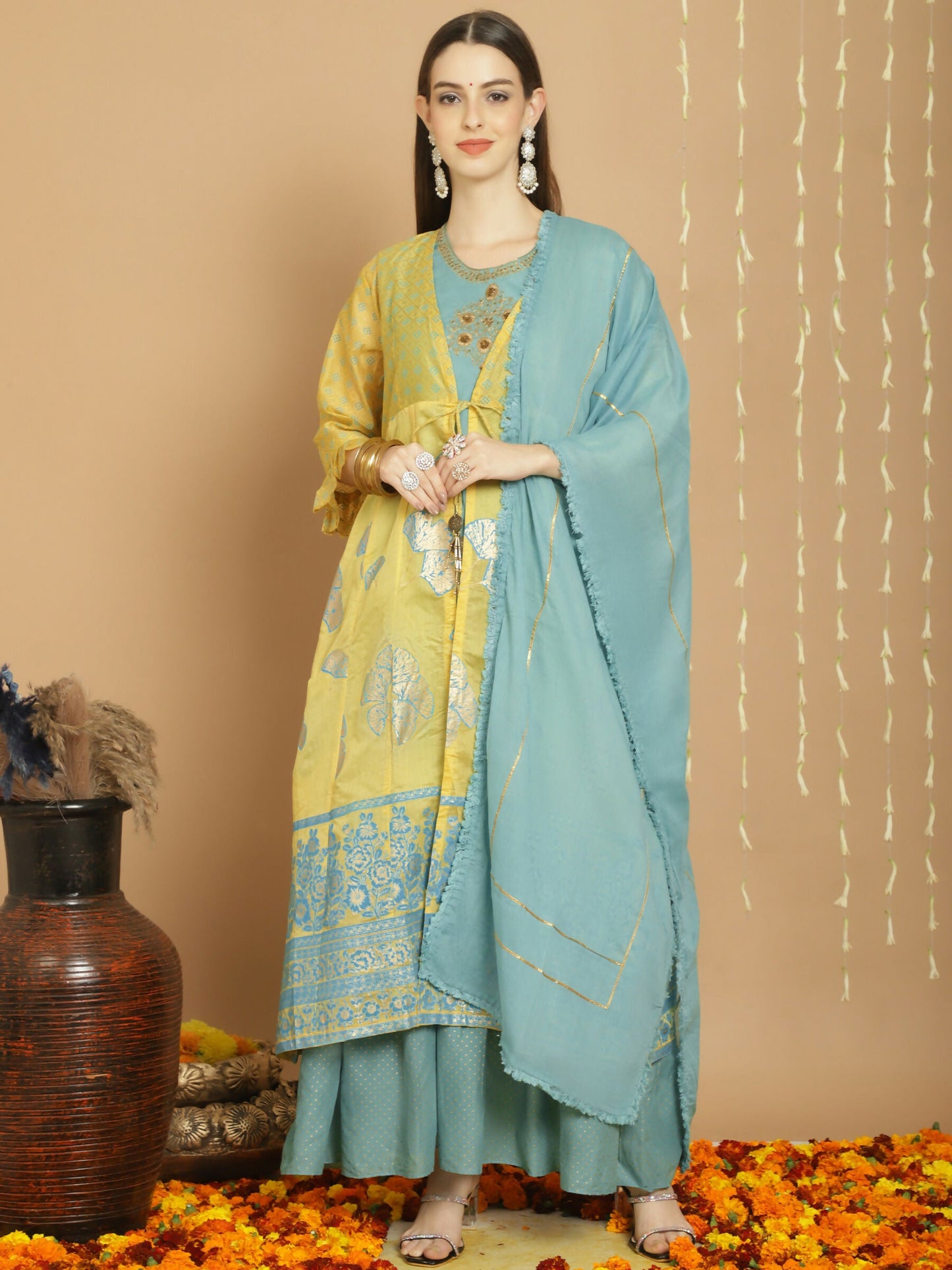 Jyoti Fashion Women's Yellow Chanderi Silk Elegant Jardoshi Kurta with Trouser & Dupatta