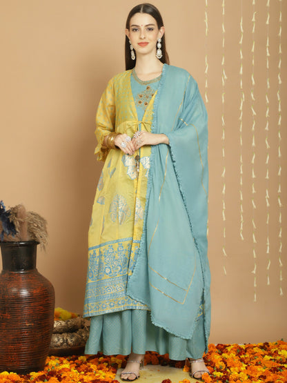 Jyoti Fashion Women's Yellow Chanderi Silk Elegant Jardoshi Kurta with Trouser & Dupatta