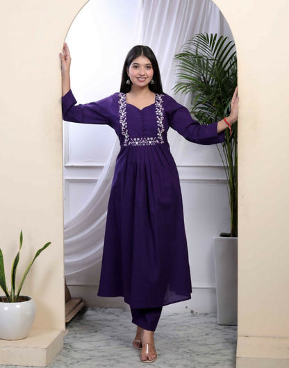 Miravan Women's Purple Embroidered Sweetheart Neck & Accordion Pleated Solid A-Line Kurta And Palazzo Set