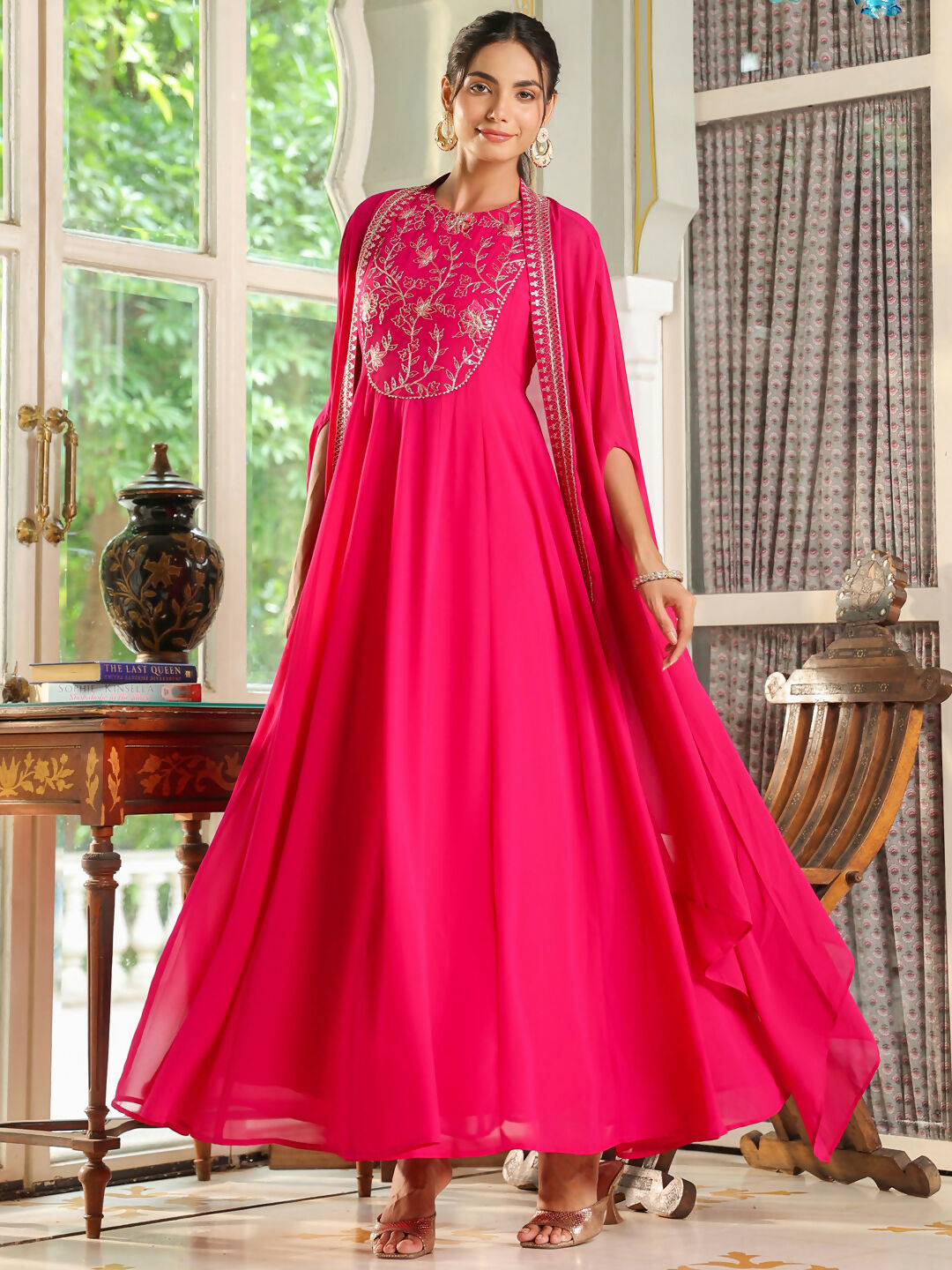 Janasya Pink Georgette Embroidered Dress & Cape