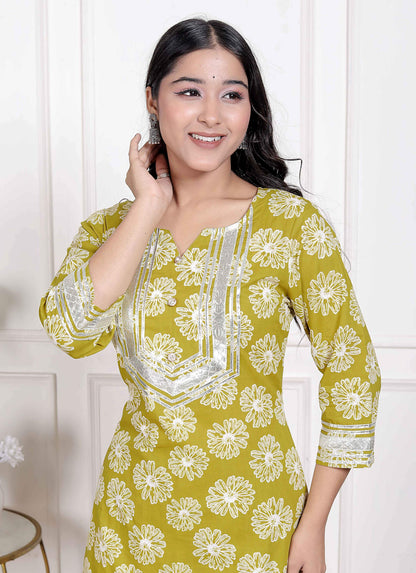 Miravan Women's Lime Yellow Embroidered Straight Kurta with Palazzo and Dupatta