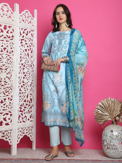 Jyoti Fashion Women's Turquoise Satin Traditional Digital Print with Crystal work Kurta with Trouser & Dupatta