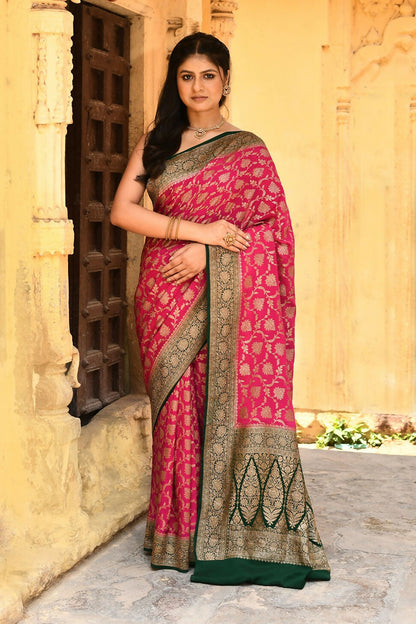 Joban Fashion Pink Crepe Chiffon Pure Handloom Banarasi Silk Saree