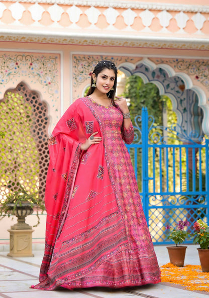 Functional Designer Dark Pink Dola Silk Anarkali suit with Dupatta - Ramya