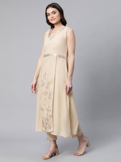 Ahalyaa Women Beige Pure Cotton Printed Floral Kurta With Trousers