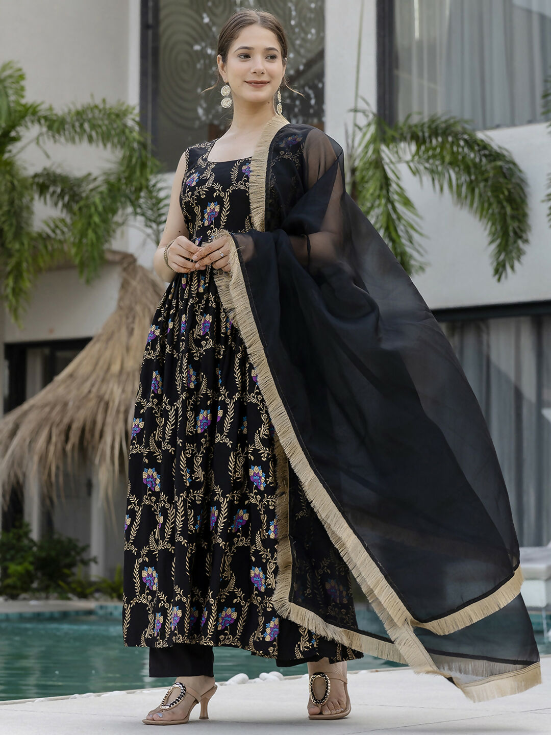 The52 Black Women's Gorgeous Printed Muslin Fabric Flared Kurta Pant and Dupatta Set
