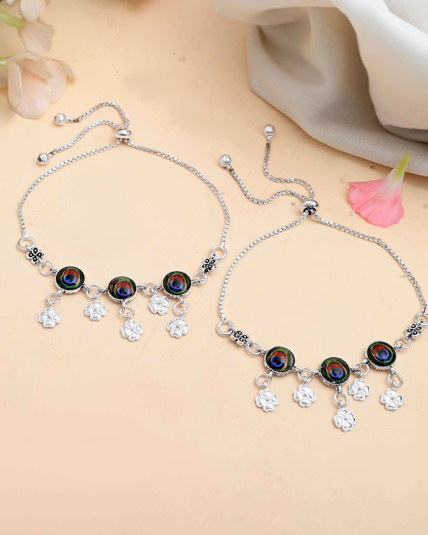 VOJ Set of 2 Silver Plated Peacock Printed HandCrafted Anklet