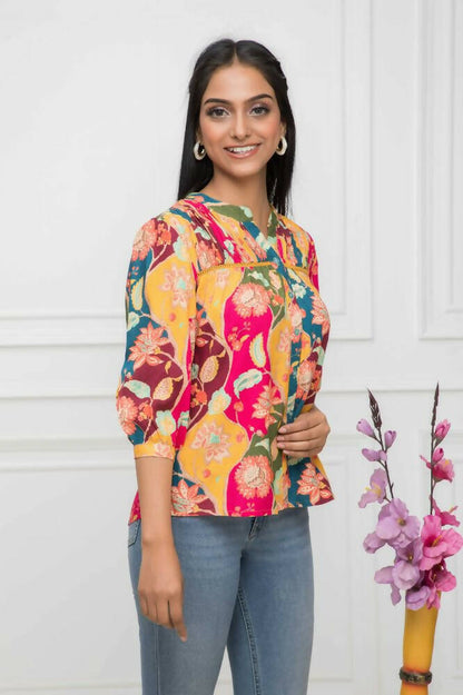 Myshka Women Multi Floral Mandarin Collar Regular Sleeves Viscose Rayon Top