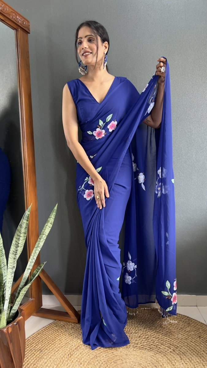 Aayaa Designer 1 min Hand Painted Ready to Wear saree - Navy Blue