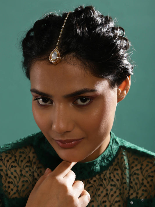 Gold-Polished White Kundan-Studded Pearl Beaded Maang Tikka - Ruby Raang