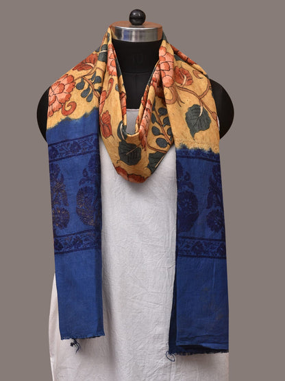 Yellow and Blue Kalamkari Hand Painted Cotton Tussar Cotton Handloom Dupatta with Floral and Embroidery Design - Global Threads