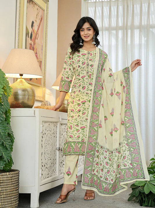 Yufta Yellow Cotton Straight Floral Print Kurta Dupatta Set