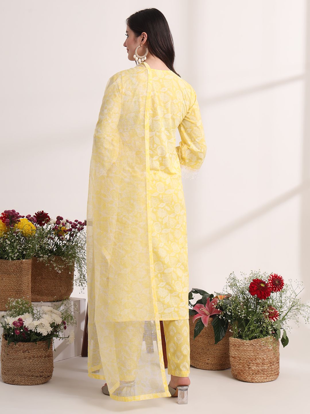 Yufta Yellow Floral Lace Work Straight Kurta Pant Dupatta Set