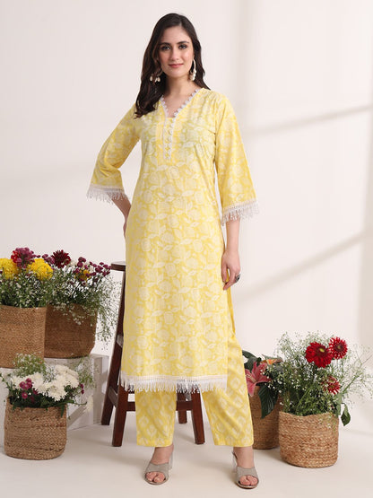 Yufta Yellow Floral Lace Work Straight Kurta Pant Dupatta Set