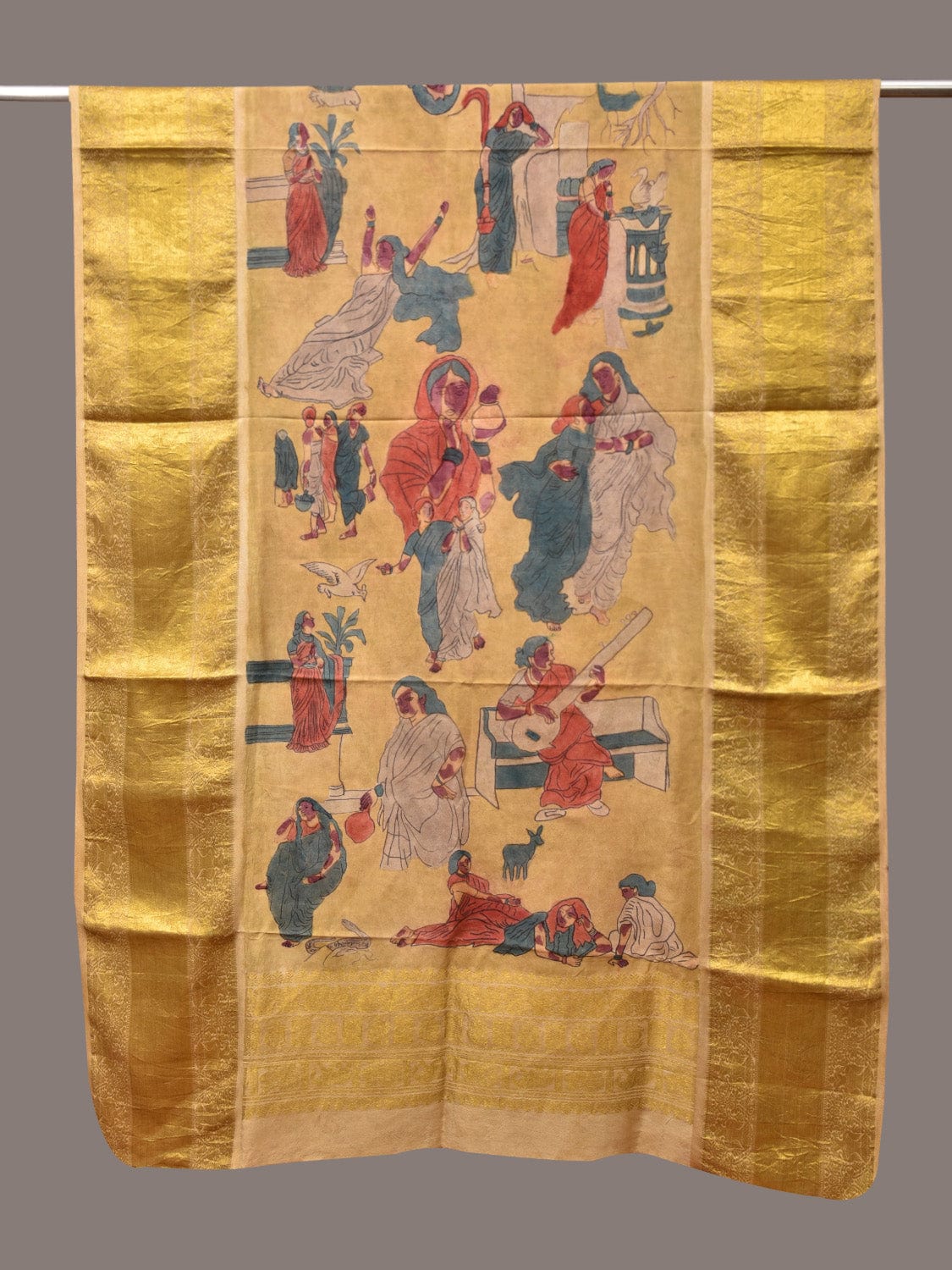 Yellow Kalamkari Hand Painted Kanchipuram Silk Handloom Dupatta with Painting Design - Global Threads