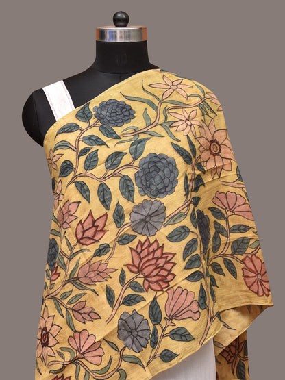 Yellow Kalamkari Hand Painted Sico Stole with Floral Design - Global Threads