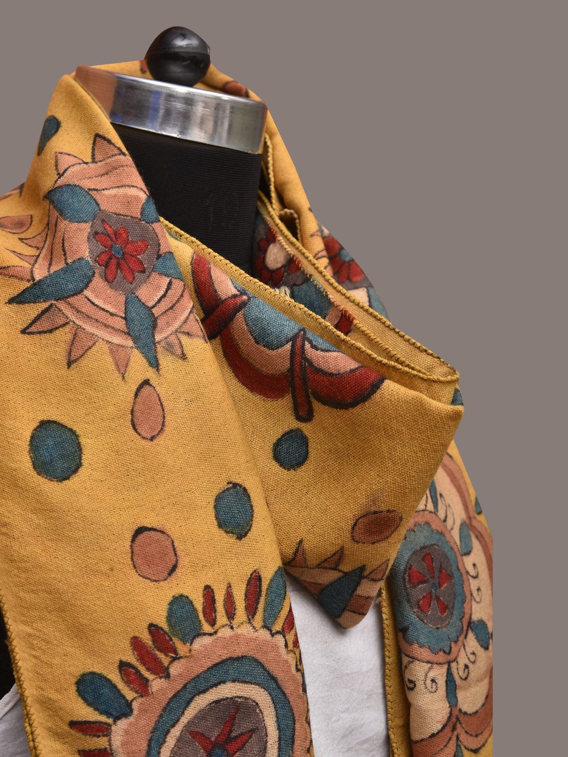 Yellow Kalamkari Hand Painted Woolen Handloom Stole with Floral Design - Global Threads